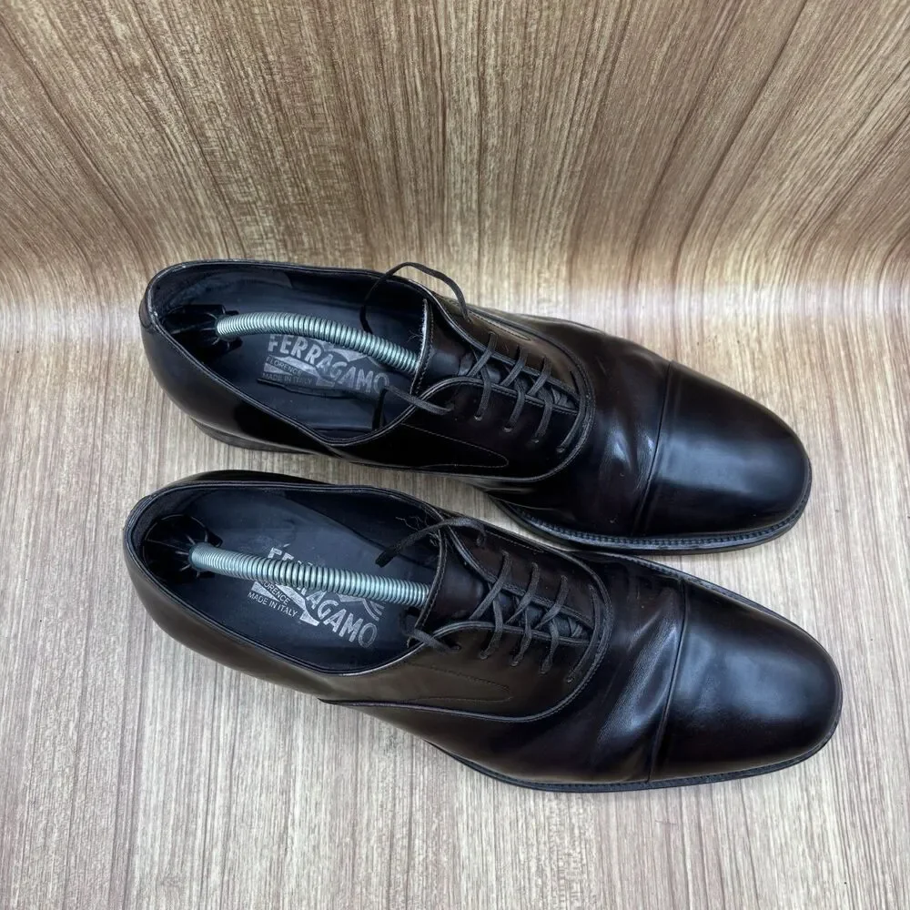 Salvatore Ferragamo Cap Toe Oxfords‎ Mens Sz 10.5 EEE Brown Leather Dress Shoes